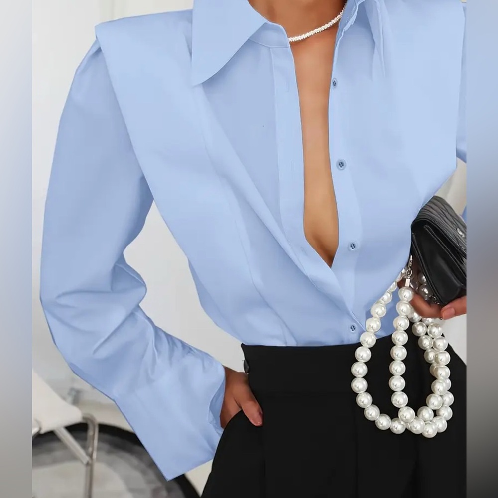 Light Blue Structured-Shoulder Button-Down Blouse | Exaggerated Collar Shirt